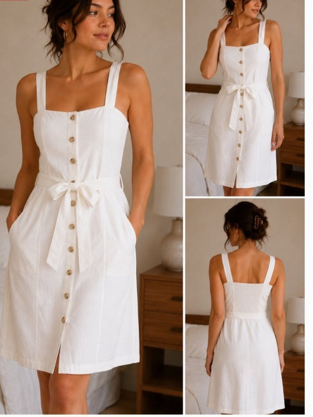 BABATON WHITE BUTTON- FRONT LINEN BLEND MIDI DRESS WITH TIE WAIST AND SQUARE